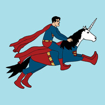 Superman riding Superunicorn, 8x8 print
