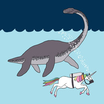 Loch ness monster and unicorn swimming buddies, 8x8 print