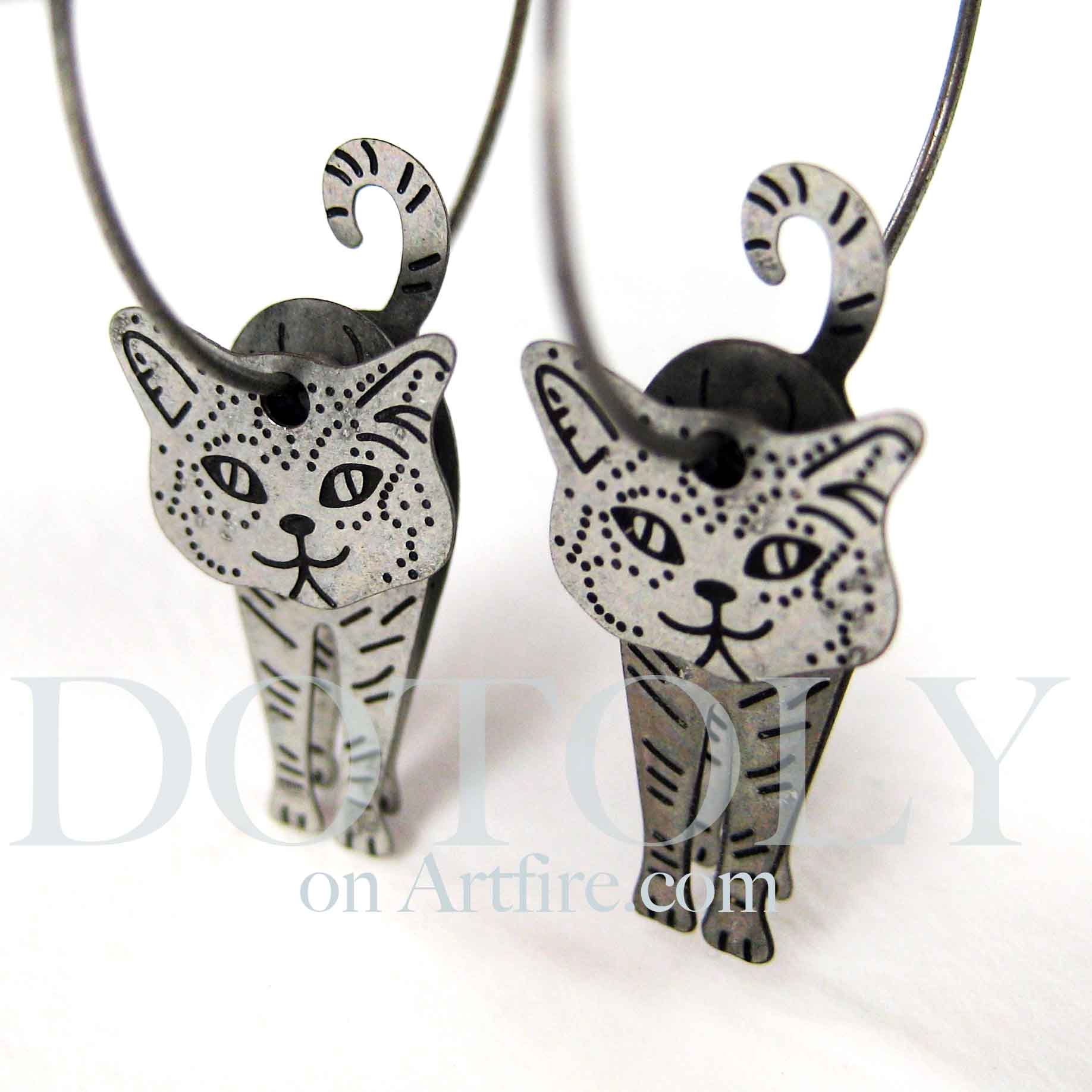 3D Kitty Cat Animal Hoop Dangle Earrings in Silver on Storenvy