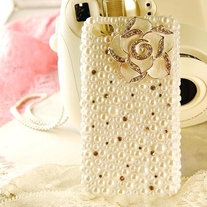 New Bling Crystal Sparkle White Camellia Flower All Pearls Rhinestones iPhone 4/4S Case