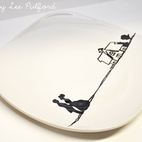 Hand Painted Porcelain Square Round Edge Plate, Once Upon a Time Silhouette Travel Wedding Illustration