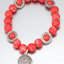 Chunky Coral Round Pearl Stretch Bracelet with Silver Beads & Charm