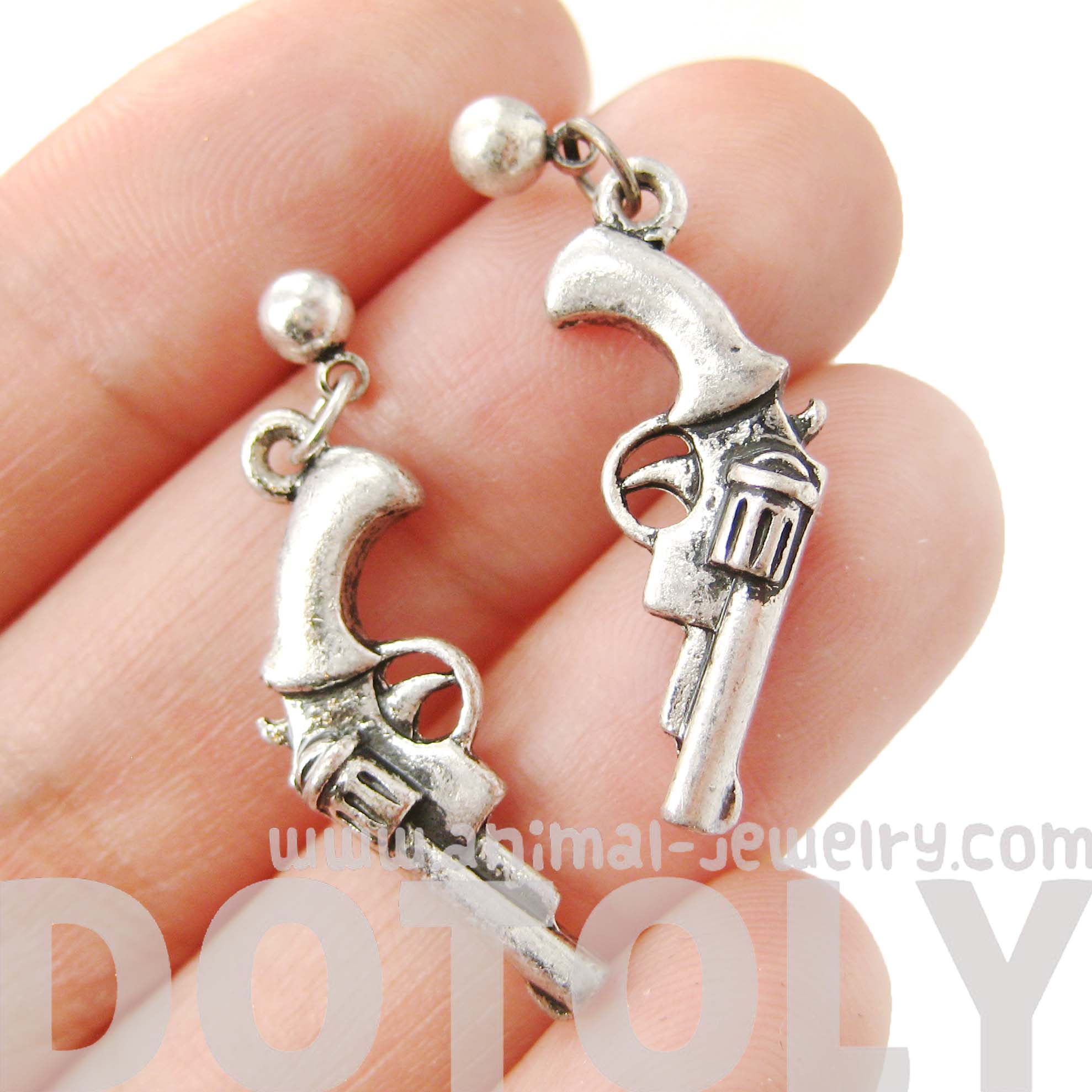 Detailed Revolver Gun Pistol Shaped Small Dangle Stud Earrings in Silver · DOTOLY Animal Jewelry