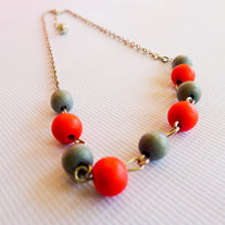 Coral and Ash Round Wood Beads Necklace