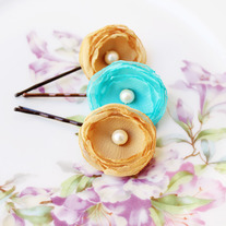Mustard and Aqua - Set of 3 Flower Bobby Pins