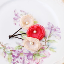 Champagne and Bright Coral - Set of 3 Flower Bobby Pins