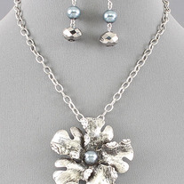 Silver Dogwood Flower Pendant Grey Pearl Necklace
