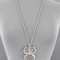 LONG Silver BIG Owl Pendant Necklace - Statement Jewelry