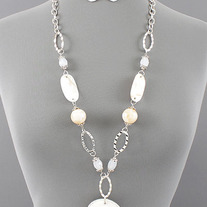 LONG Silver Chain & Chunky Link Pearl Necklace With Shell Pendant