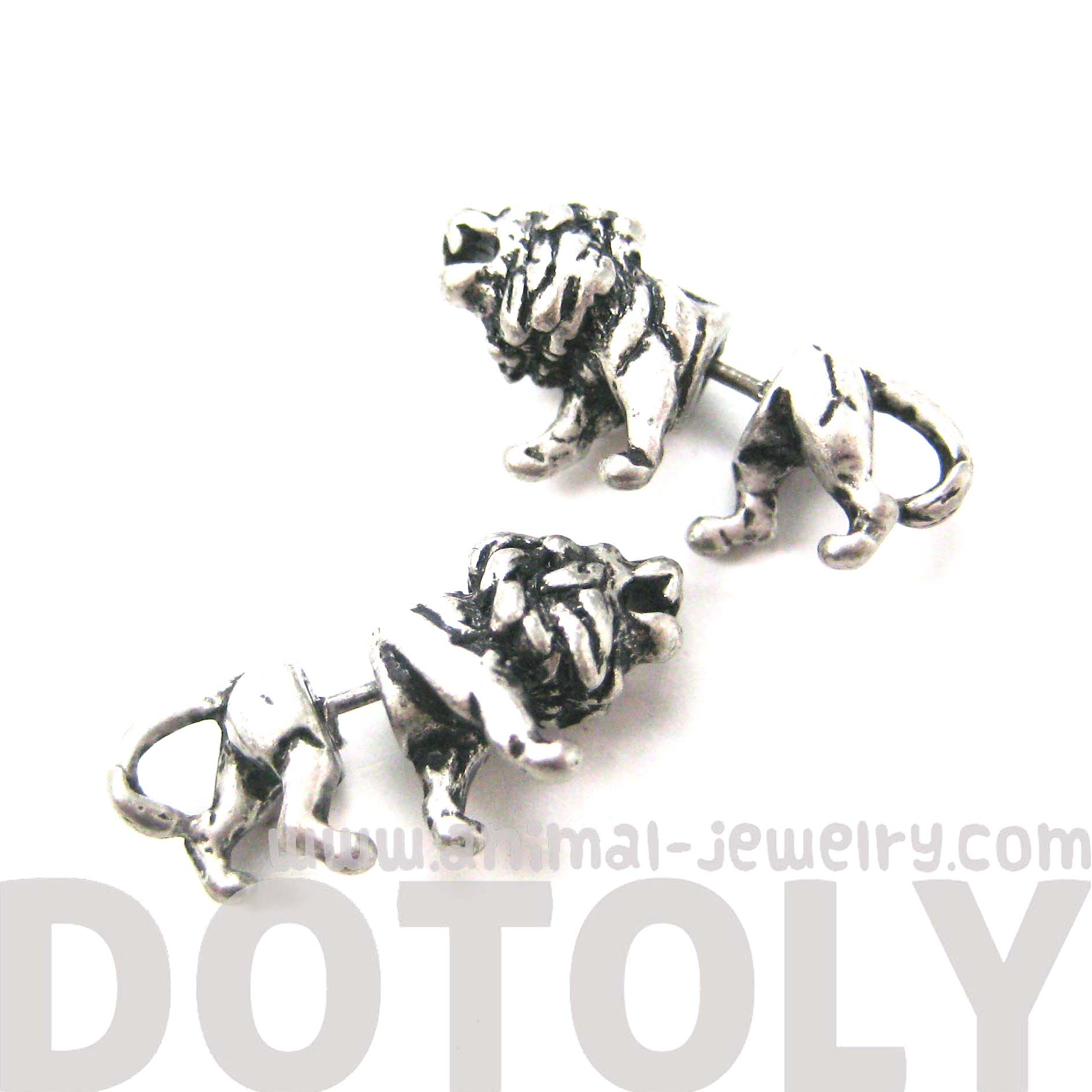 3D Fake Gauge Realistic Lion Animal Stud Earrings in Silver · DOTOLY