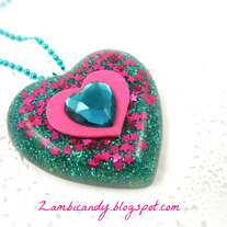 Giant green heart resin necklace with pink stars