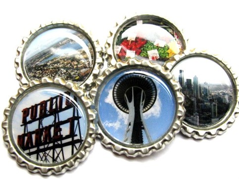 Seattle Fridge Magnet Set - A Sunny Day in Seattle - Bottle Cap Photo Magnets - Set of 5