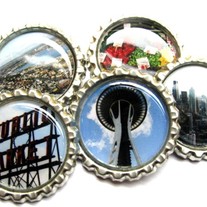 Seattle Fridge Magnet Set - A Sunny Day in Seattle - Bottle Cap Photo Magnets - Set of 5