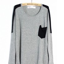 Loose Grey Contrast Color T-Shirt with Pocket 