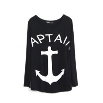 Black Anchor Print Loose T-shirt
