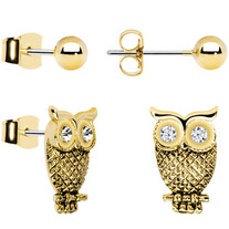 VINTAGE CHIC GOLDEN CRYSTAL OWL STUD EARRINGS
