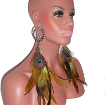Long Feather Earrings Yellow Feather with Peacock Feathers