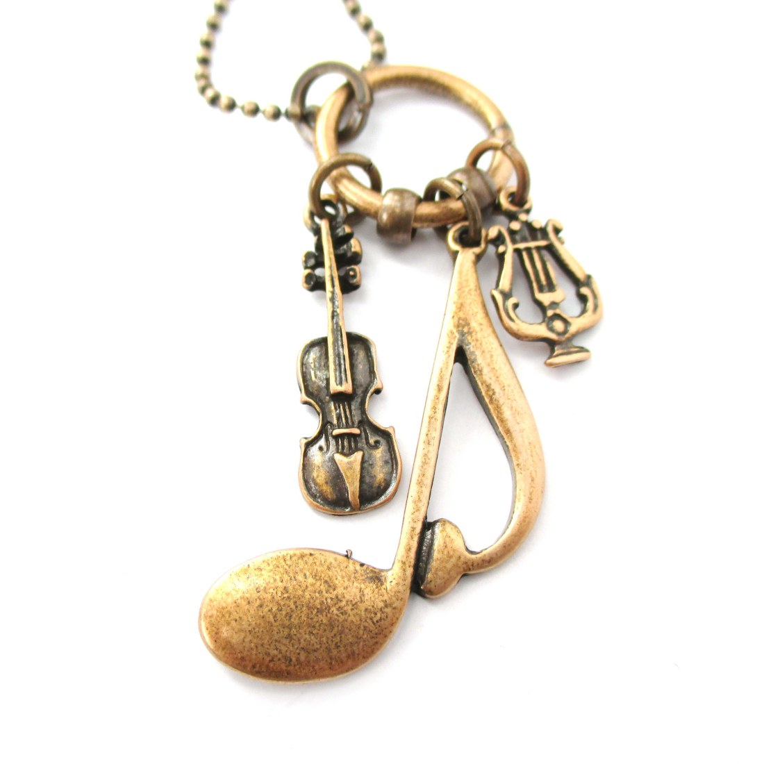 Music Themed Quaver Note Pendant Violin Harp Charm Necklace in Bronze