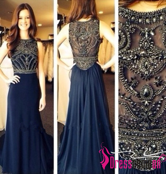 Pretty Aline High Neck See Through Beaded Dark Navy Long Evening/Prom