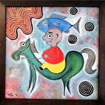 little boy horse and a fish - Original oil Painting