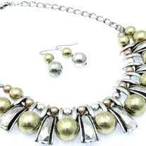 Antique Silver Copper and Gold Statement Necklace with Earrings