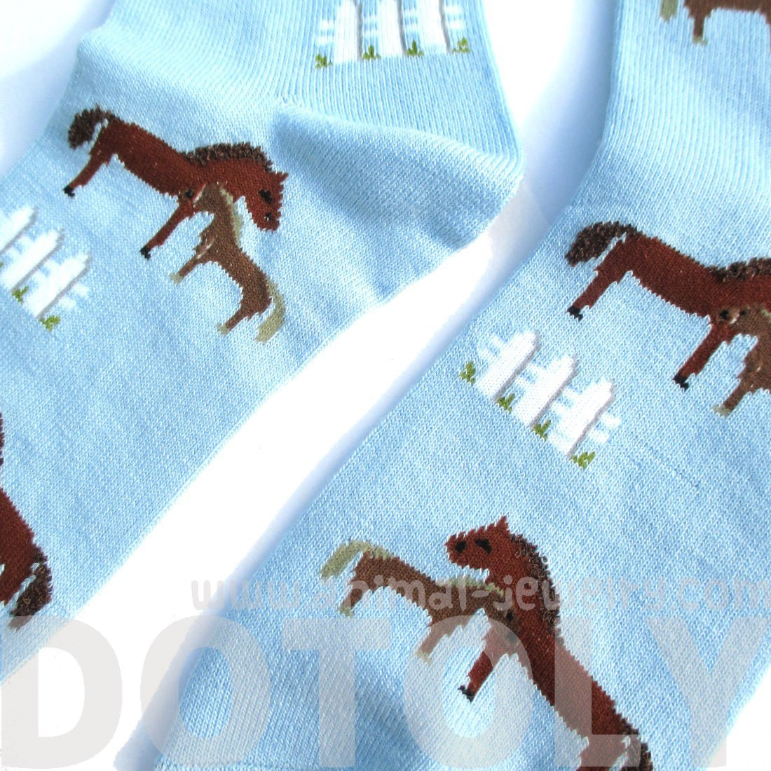Horse Pony Novelty Print Calf High Socks for Women in Light Blue