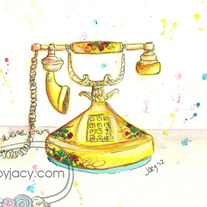  8x10 Matte Print, "My Yellow Vintage Phone" Ink Watercolor Illustration