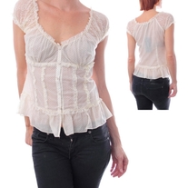 In S, M, & L - Cream Black Polka Dot Rockabilly Blouse Sweetheart Lace Top Puff Sleeve Shirt