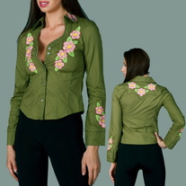 In Sm & Med - Green Snap Front Pink Embroidered Long Sleeve Boho Flower Western Shirt Blouse