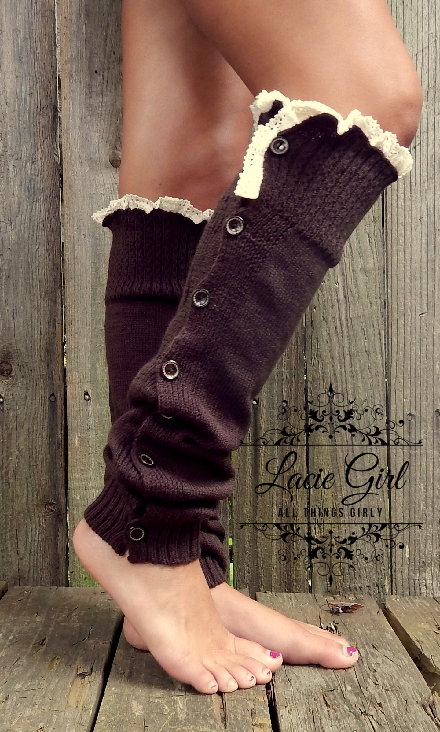 Lace Button down Legwarmer with Vintage Ivory CREAM Lace leg warmers on