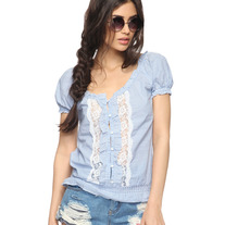 M blue white stripe puff sleeve blouse lace top