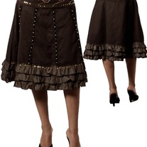 In S M & L - brown lace gold sequin crystal ruffle frill bohemian gypsy A line flare skirt