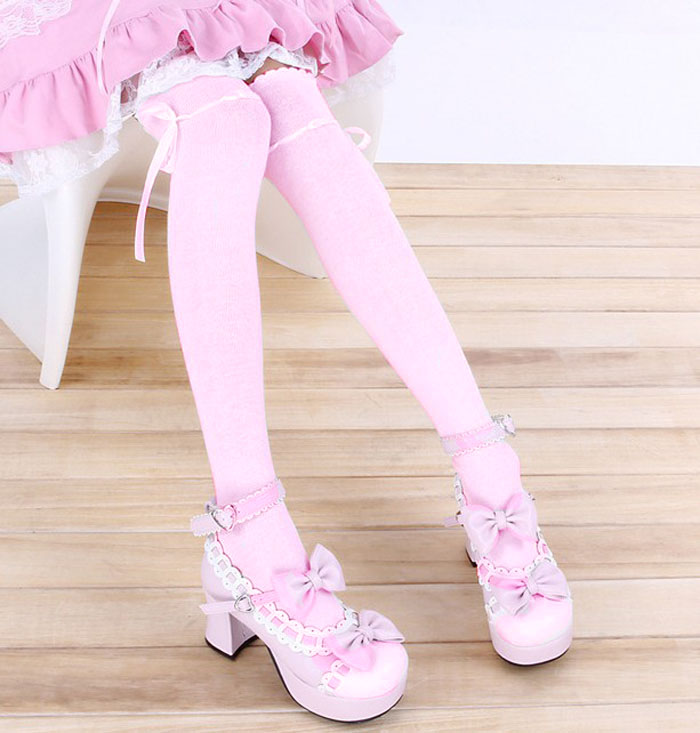 pastel pink ribbon threaded bow over the knee high socks kawaii