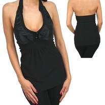 In XL and 3X - black round ruffle collar halter top plunge neck stretch rockabilly blouse