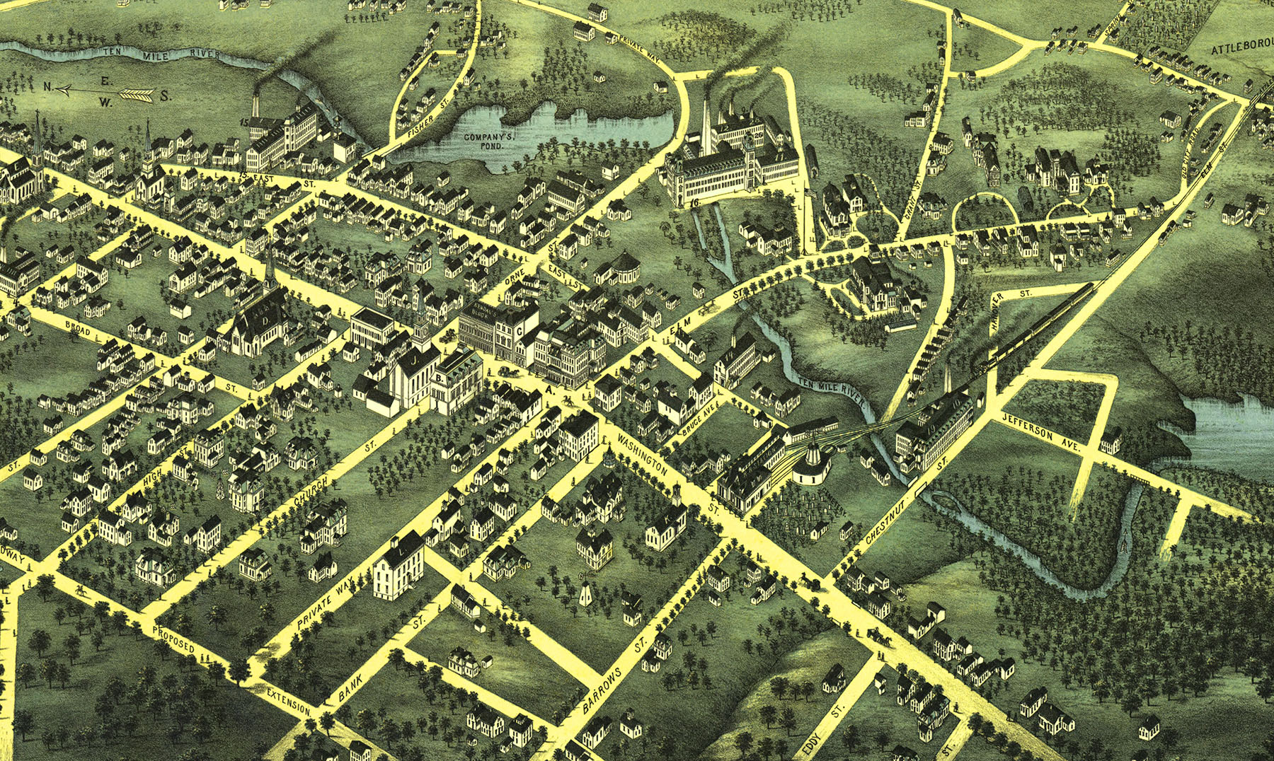 North Attleborough, MA in 1878 Bird's Eye View, Aerial, Panorama