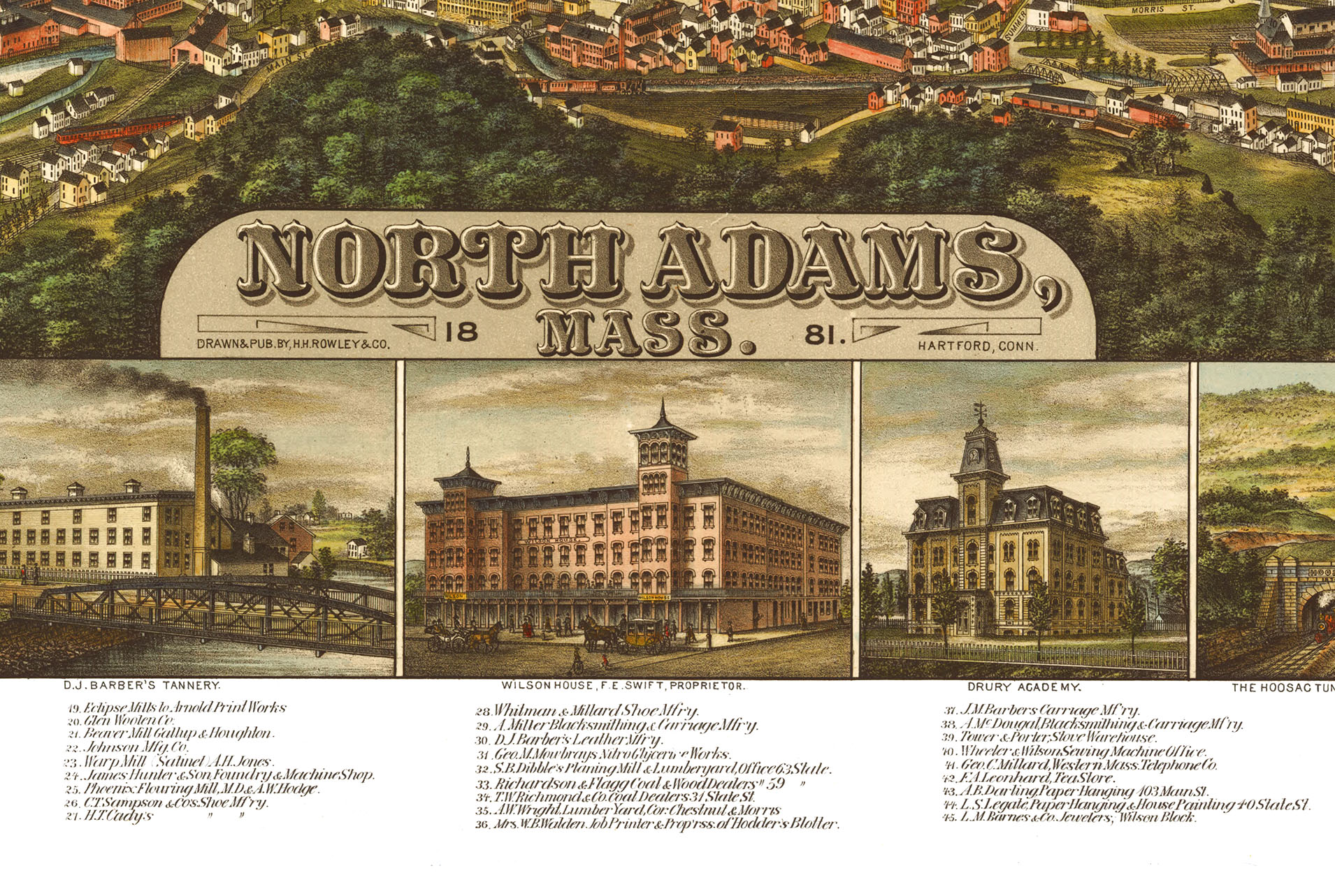 North Adams, MA in 1881 Bird's Eye View, Aerial map, Panorama