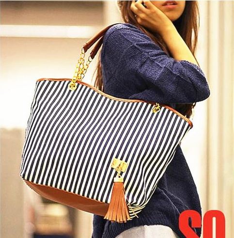 Fashion Tassel Stripe Canvas Tote Handbag Wholesale Shoulder bag