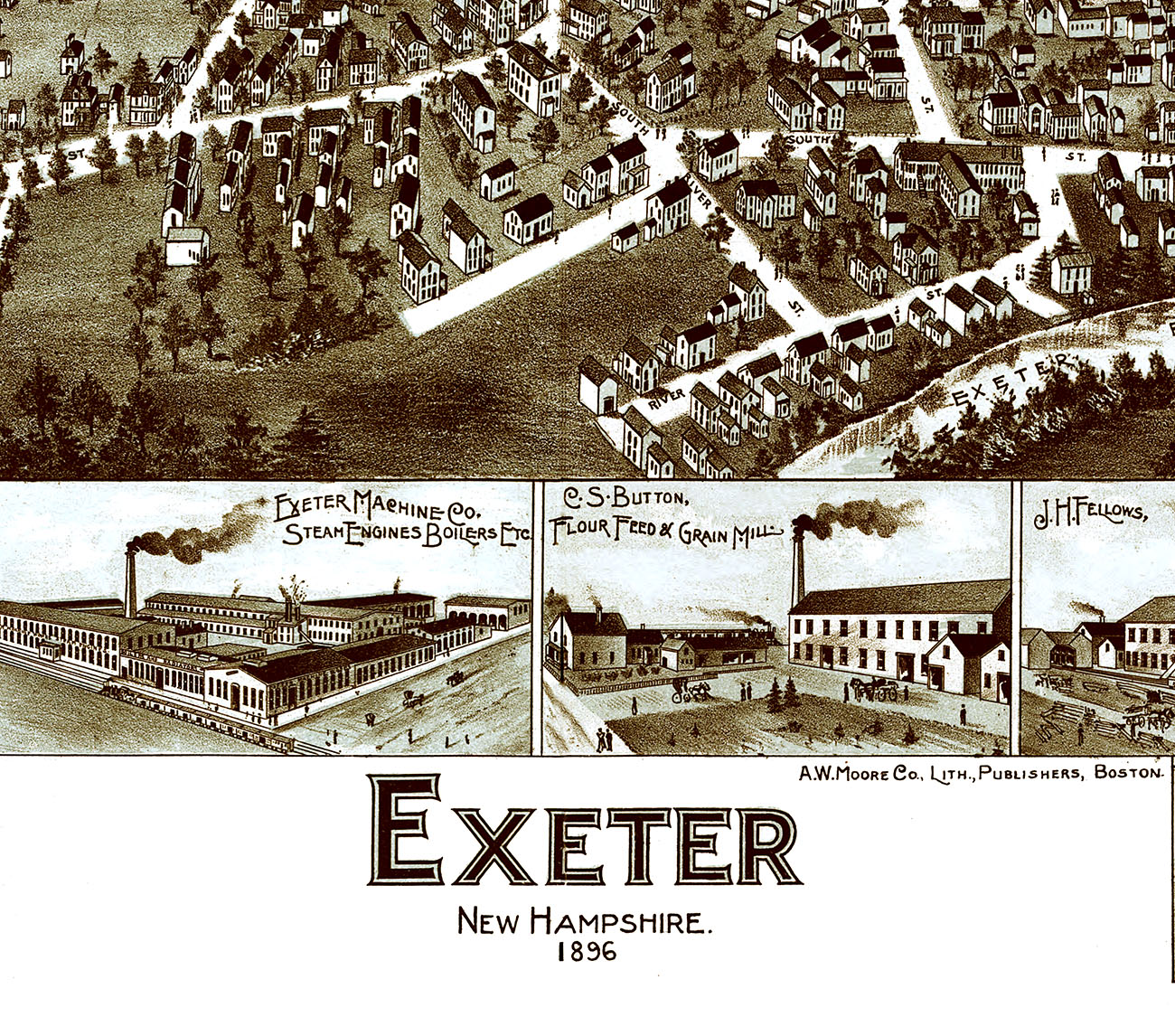 Exeter, NH in 1896 Bird's Eye View Map, Aerial, Panorama, Vintage