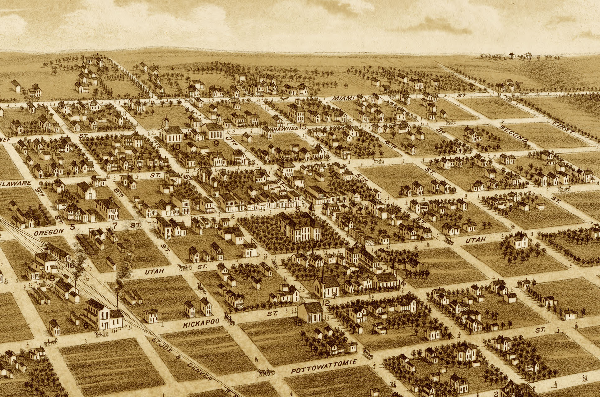 Hiawatha, KS in 1879 Bird's Eye View Map, Aerial Map, Panorama