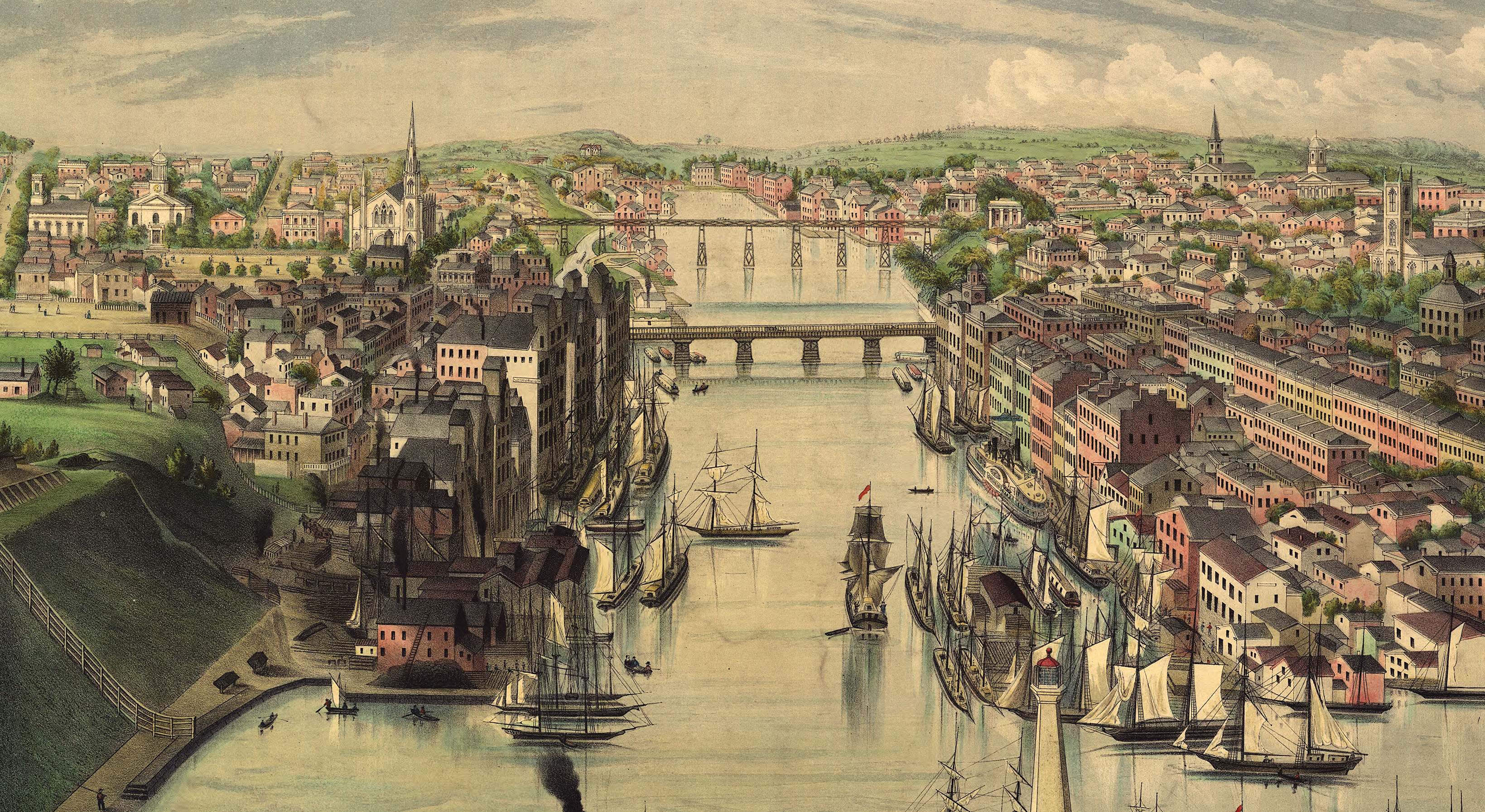 Oswego, New York in 1855 Bird's Eye View Map, Aerial, Panorama