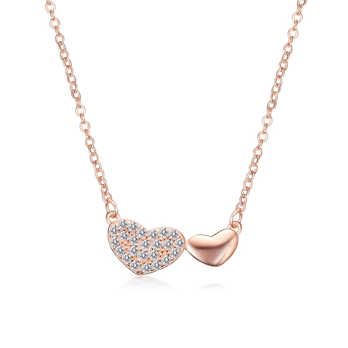 Sterling Silver Rose Gold Plated Diamante Cubic Zirconia Pair Heart Pendant Necklace Jewelry