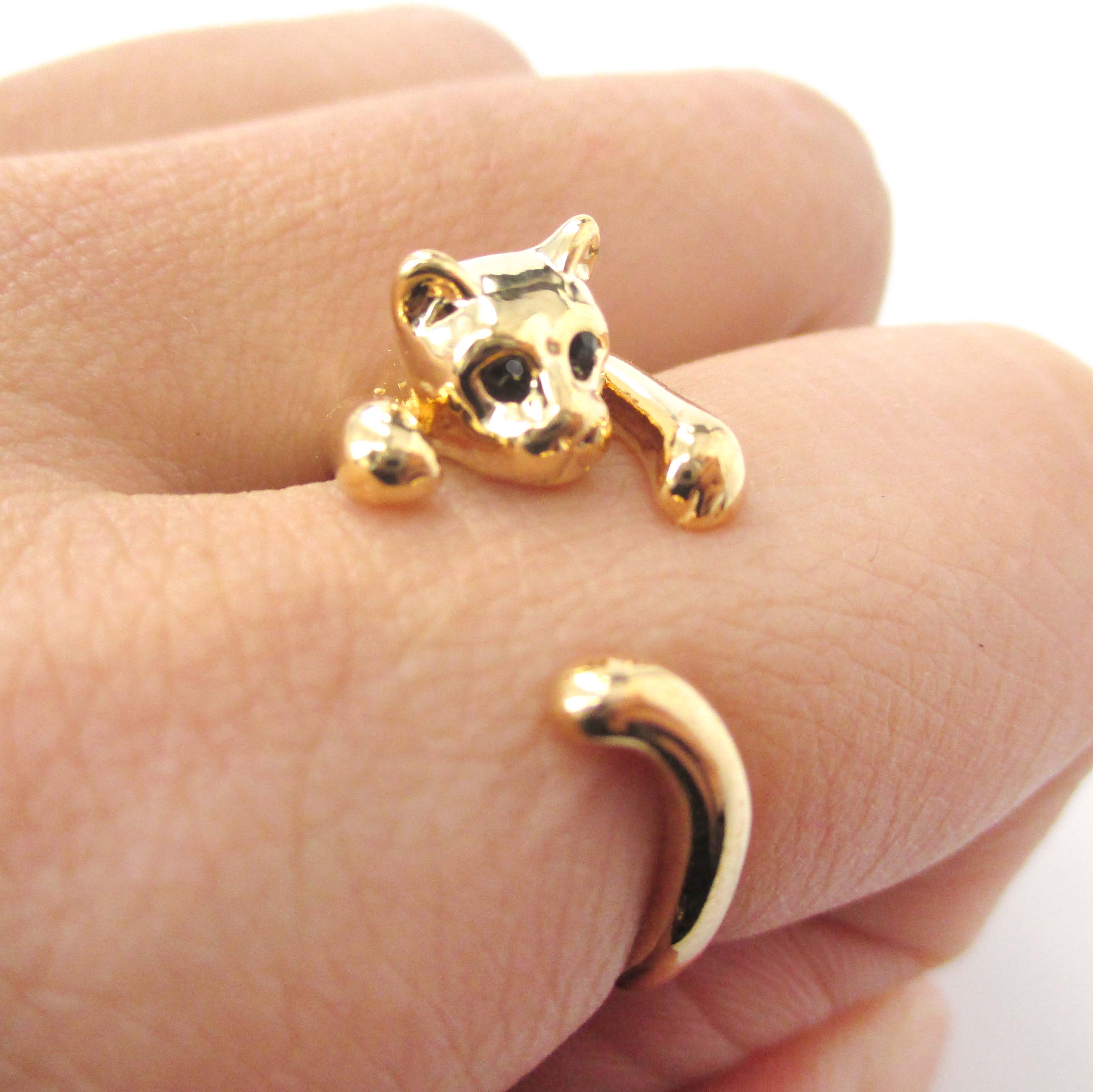 Miniature Kitty Cat Shaped Animal Wrap Around Ring in Shiny Gold US Size 3 to Size 8.5