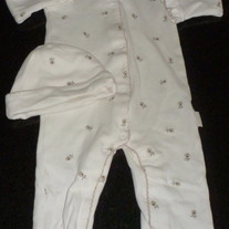 Creme Long Sleeve Romper with Brown Flowers/Matching Hat-New(Without Tag)-FAO Size 6-9 Months