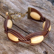 Large Wood Bead Brown Leather Bracelet