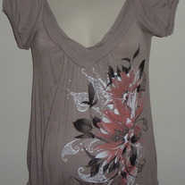 Tan Short Sleeve Shirt with Pink/Black Flowers-Cozy Casual Maternity Size Small  SF0413