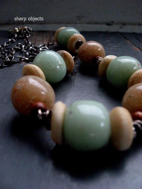 Pistachio - bone, glass, wood & silver chain necklace