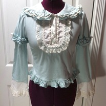 S blue green mint long sleeve lolita cutsew blouse white lace pan collar victorian top