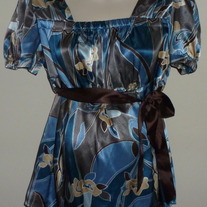 Blue/Brown Short Sleeve Top with Brown Ribbon Tie-Duo Maternity Size Large  CL413