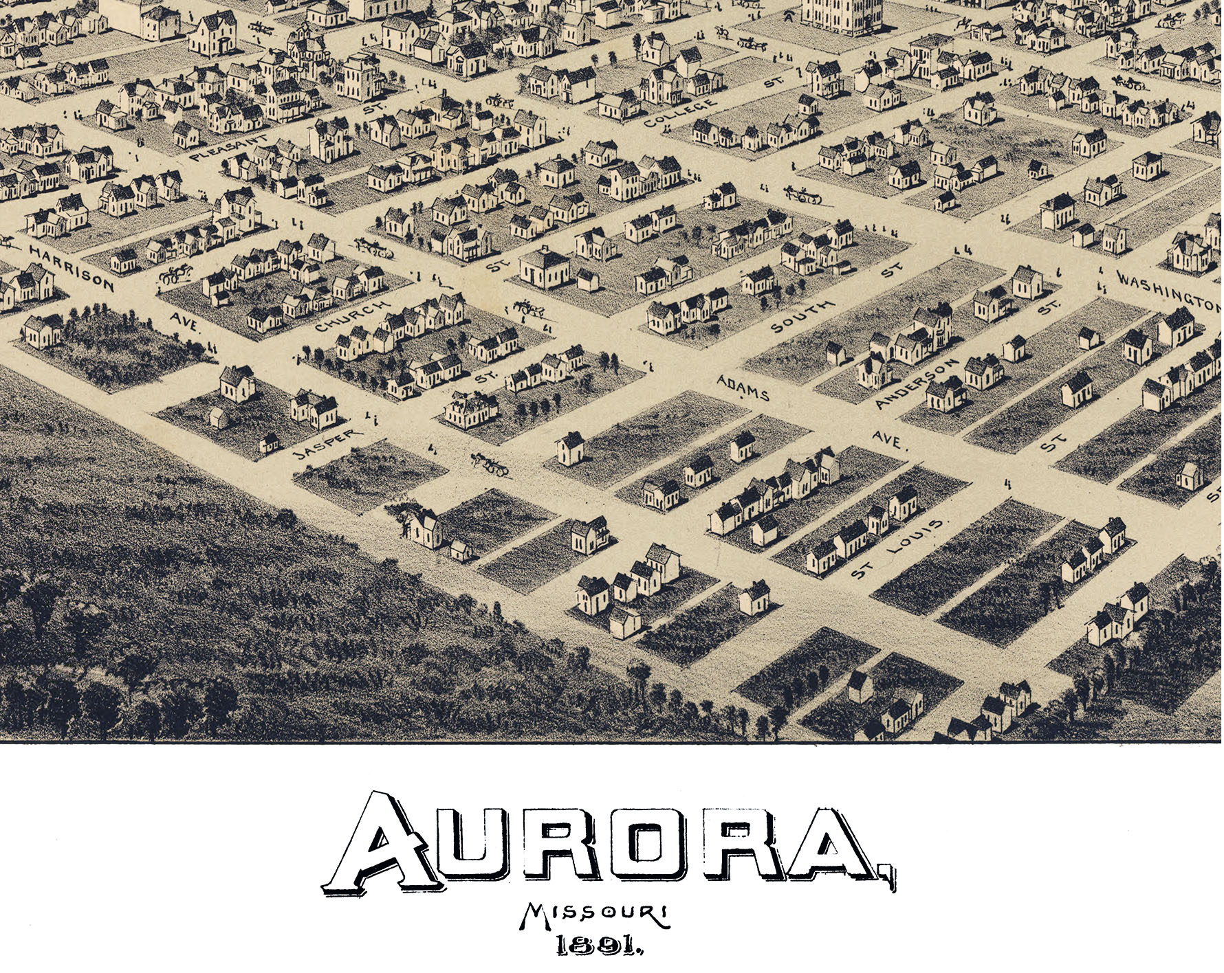 Aurora, Missouri in 1891 Bird's Eye View Map, Aerial, Panorama
