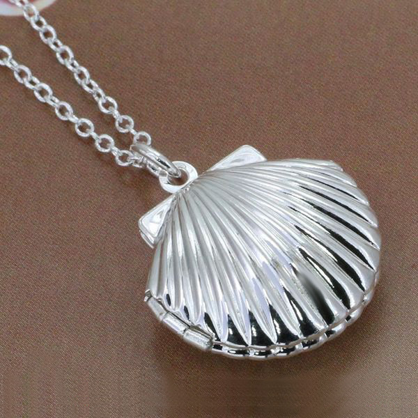 silver tone clam scallop shell seashell locket pendant mermaid necklace
